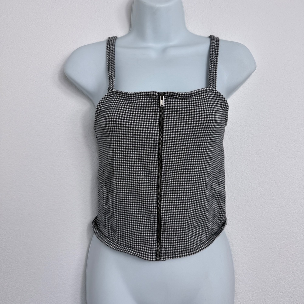 American Eagle Gingham Zip Front Cropped Tank Top Black White Small